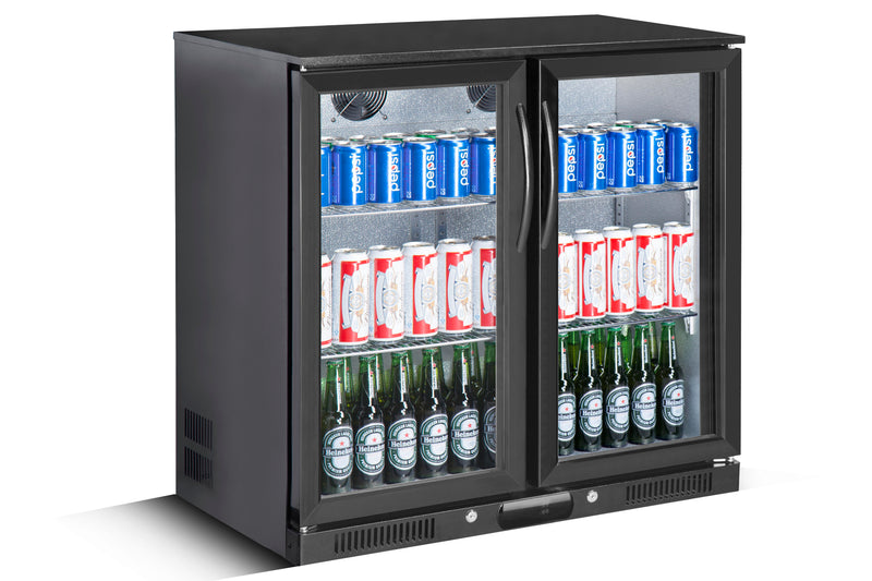Tropical Rated Triple Glazed 208L Double Door Under-bench Commercial Bar Wine Fridge Drinks Chiller in Black