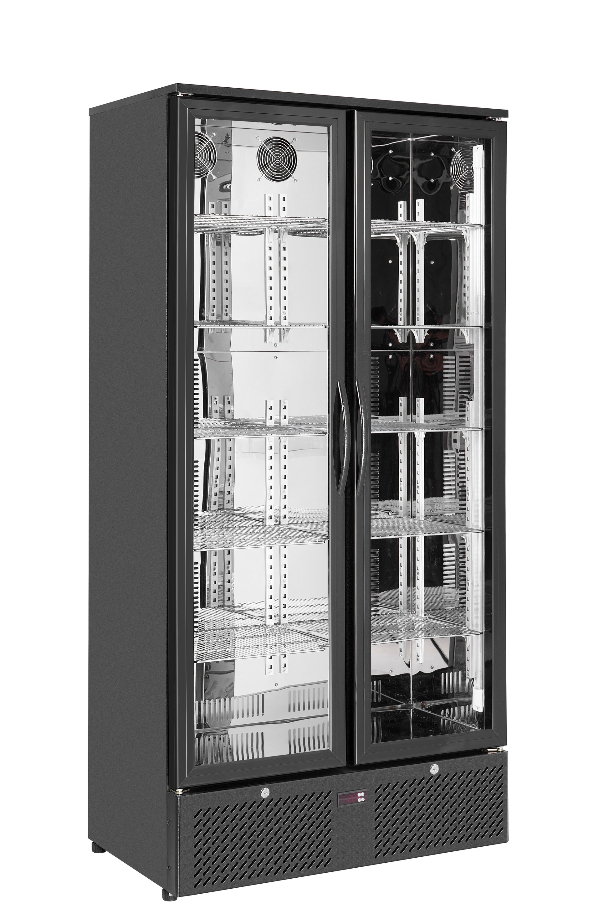 Tropical Rated Triple Glazed Double Door Commercial 458ltr Upright Wine Bar Fridge Black