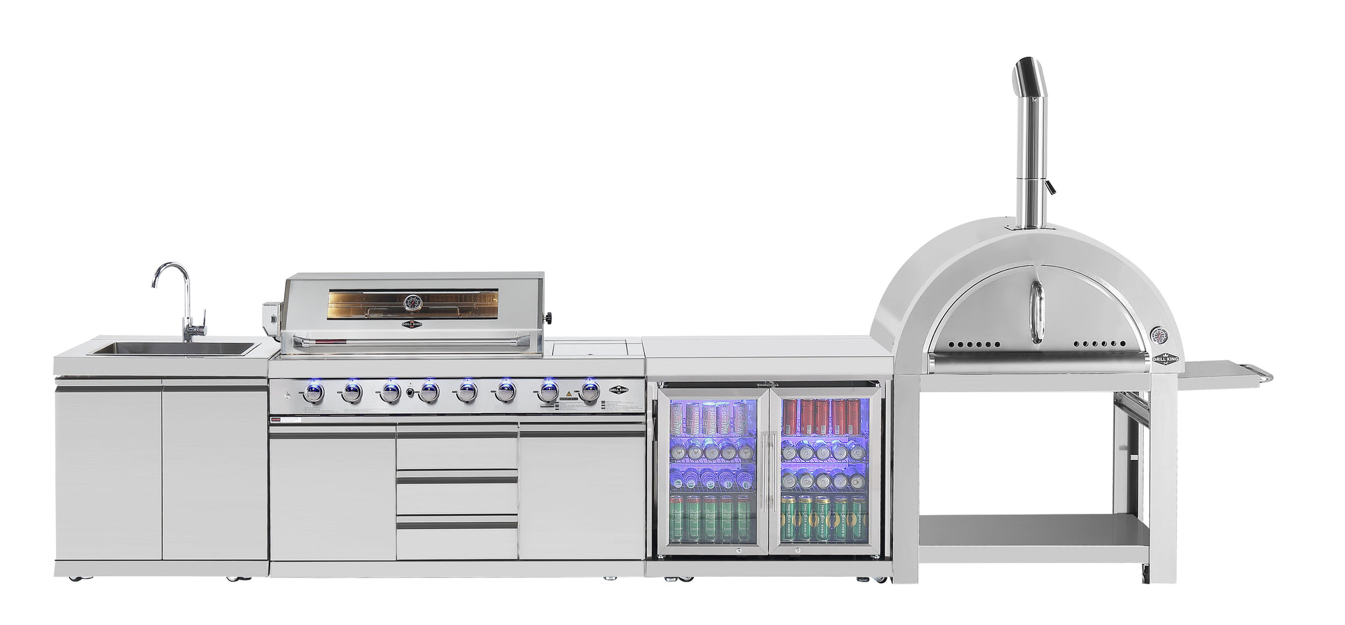 Hurricane 6-Burner Outdoor Kitchen 304 Stainless Steel BBQ Package Inc Triple Fridge, Sink, 3 Drawer Storage, Side Wok & Rear Infrared Burner