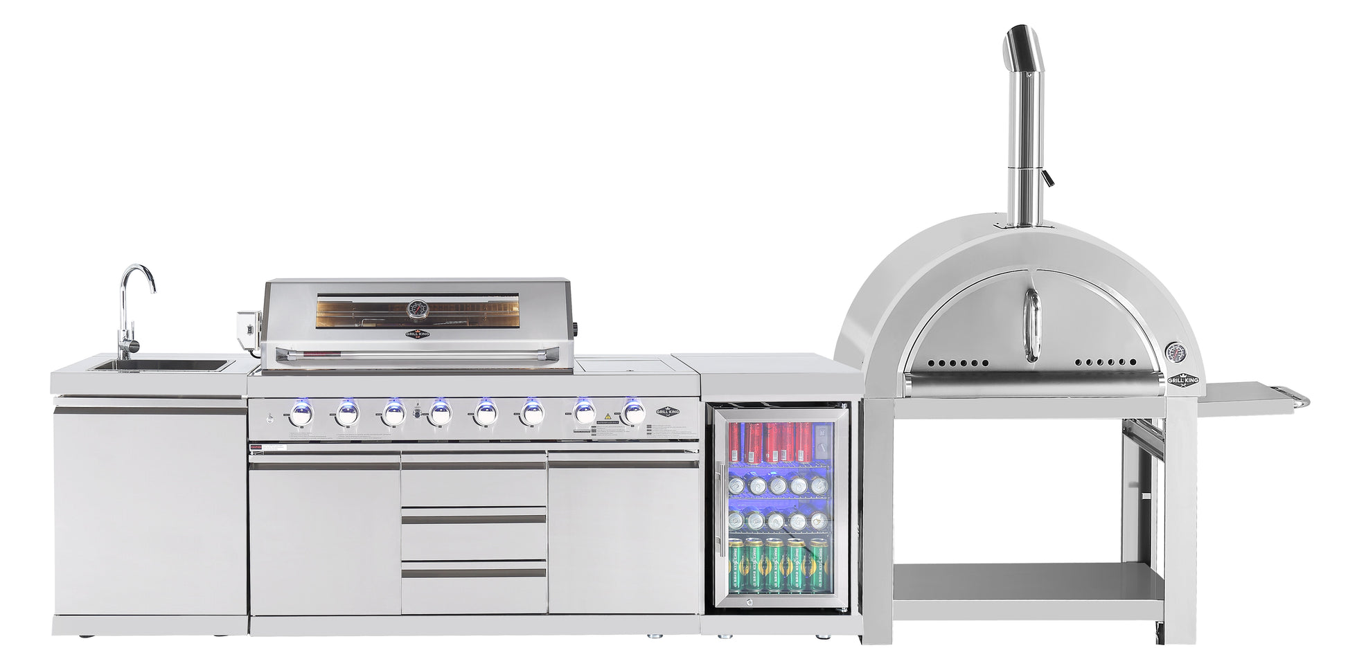 Hurricane 6-Burner Outdoor Kitchen 304 Stainless Steel BBQ Package Inc Triple Fridge, Sink, 3 Drawer Storage, Side Wok & Rear Infrared Burner