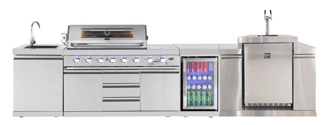 Hurricane 6-Burner Outdoor BBQ Kitchen + 188L Kegerator : Stainless Steel, Fridge, Sink, Height Adjustable