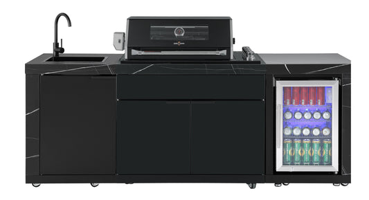 Grill King Rockpool 4 Burner Drop-In BBQ Kitchen Package - Black Stainless, Stone Benchtops