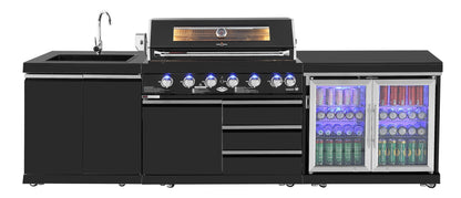 test rey 1 6 Burner Non Wok Black Stainless Steel BBQ Kitchen: Stone Bench, Fridge, Sink, Height Adjustable, Rotisserie with BBQ Cover