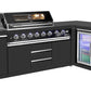 Kingsley L Shape Corner 6-Burner Outdoor BBQ Kitchen: Black Stainless Steel, Stone Bench, Fridge, Sink, Height Adjustable