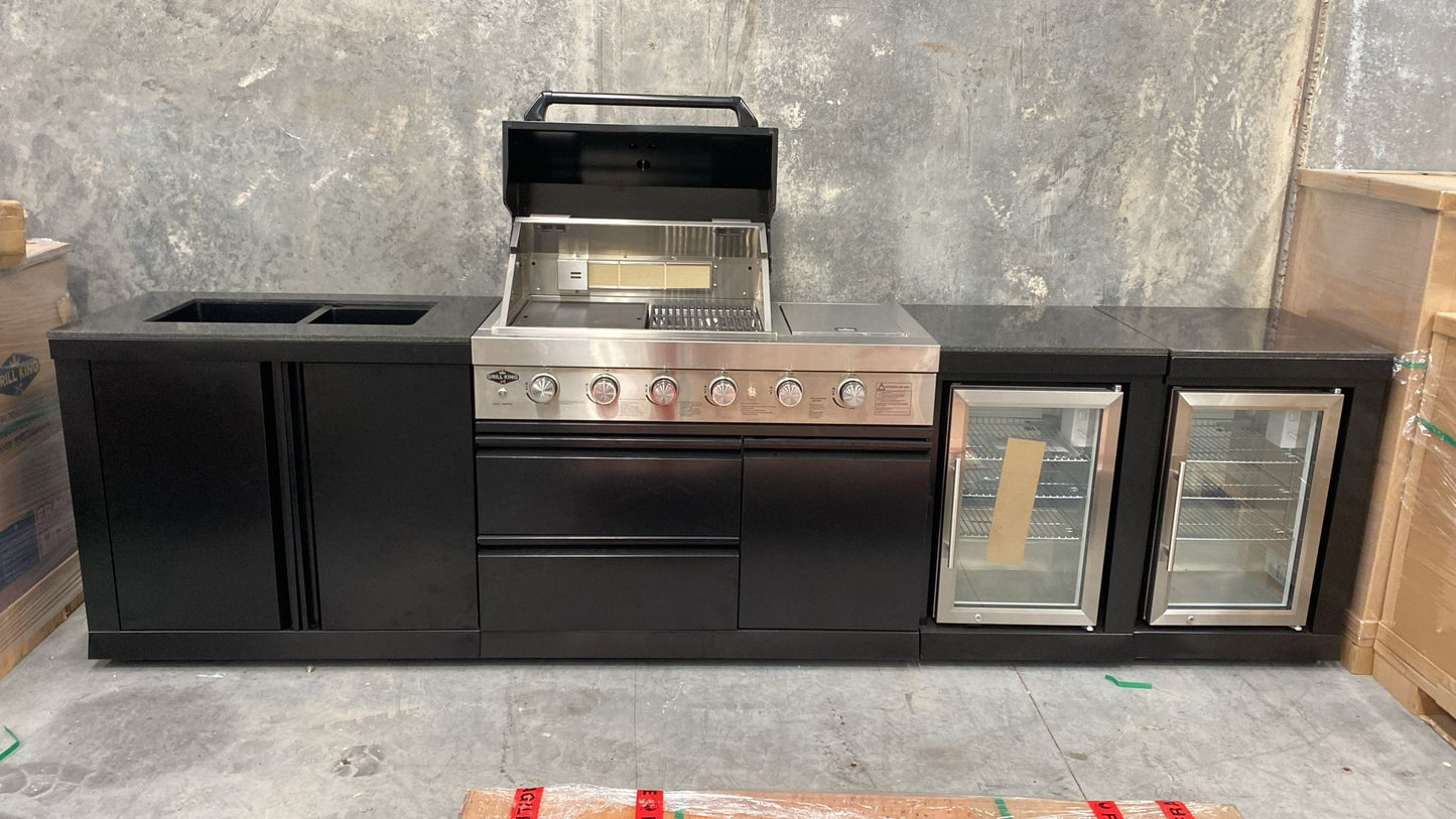 L Shape Black 304SS 4 Burner + Wok BBQ Kitchen Inc Wok & Rear Infrared Burner, Fridge & Sink