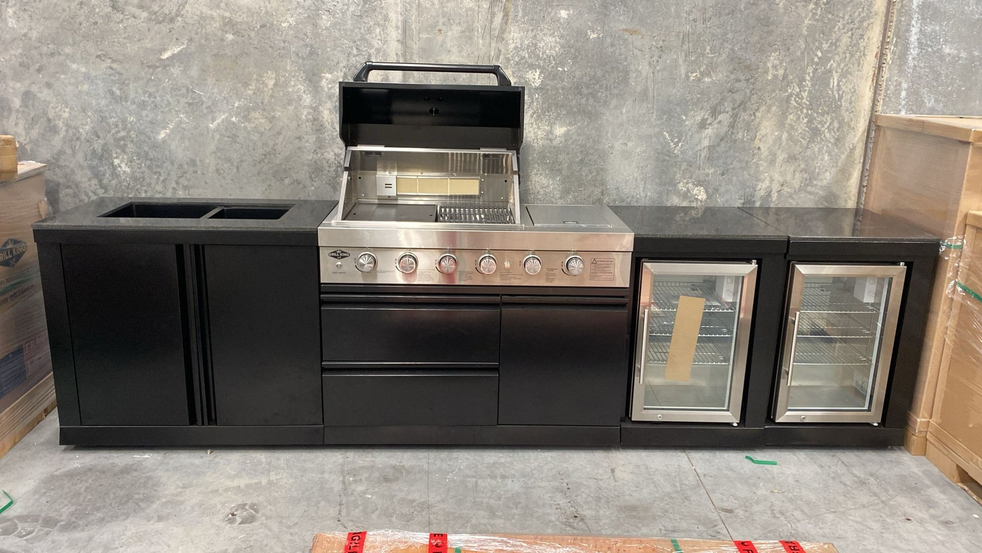 L Shape Black 304SS 4 Burner + Wok BBQ Kitchen Inc Wok & Rear Infrared Burner, Fridge & Sink