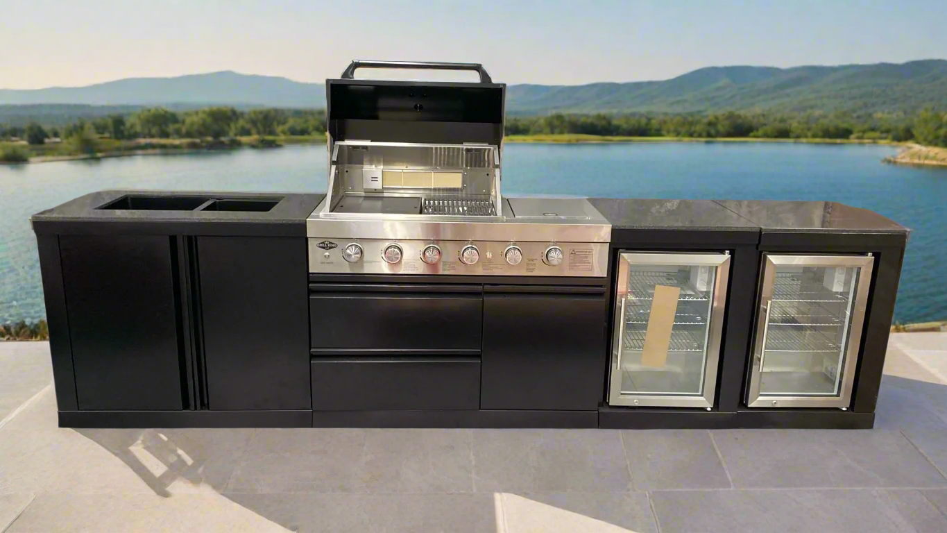 L Shape Black 304SS 4 Burner + Wok BBQ Kitchen Inc Wok & Rear Infrared Burner, Fridge & Sink