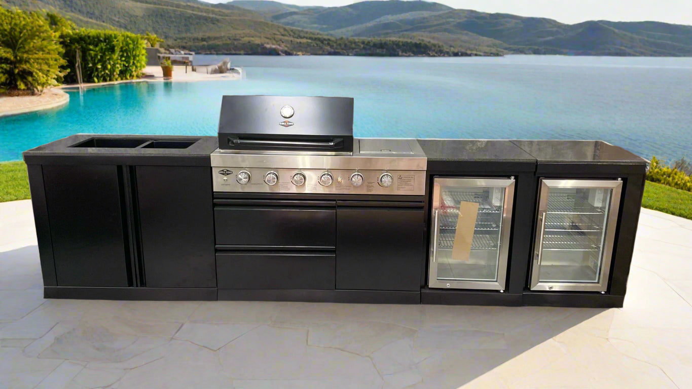 L Shape Black 304SS 4 Burner + Wok BBQ Kitchen Inc Wok & Rear Infrared Burner, Fridge & Sink