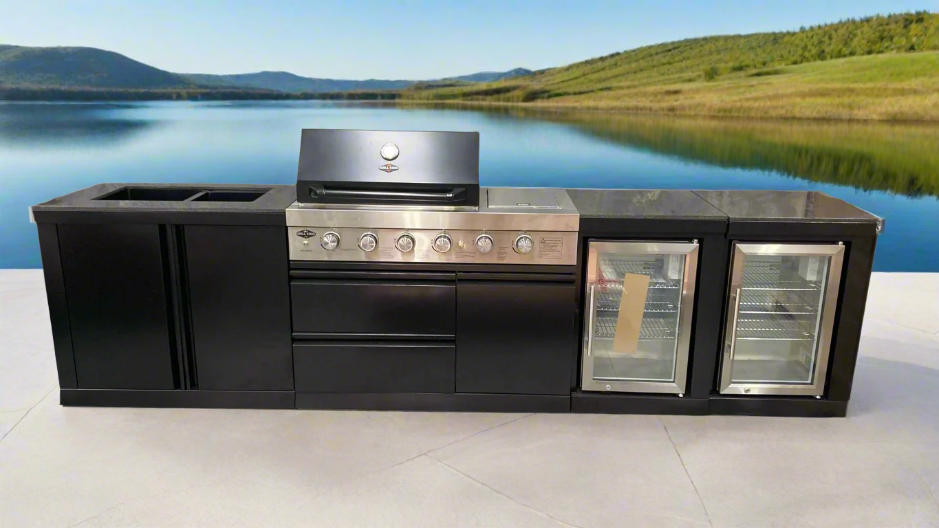 L Shape Black 304SS 4 Burner + Wok BBQ Kitchen Inc Wok & Rear Infrared Burner, Fridge & Sink
