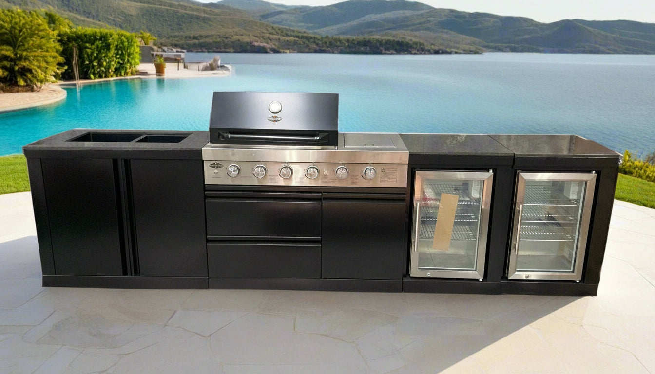 L Shape Black 304SS 4 Burner + Wok BBQ Kitchen Inc Wok & Rear Infrared Burner, Fridge & Sink