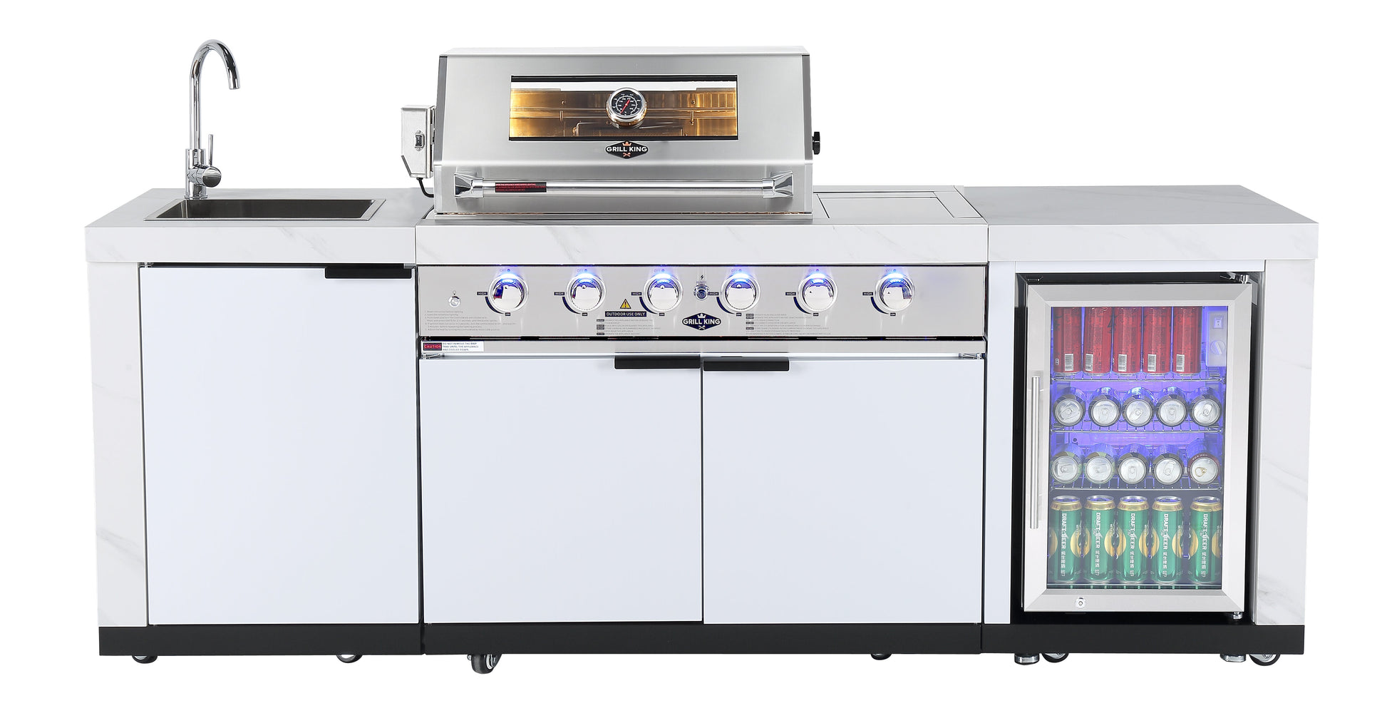 Rockpool White 4B + Wok: Designer Outdoor BBQ Kitchen Package Inc 2DR Fridge, 2DR Sink, 3 Draw Storage, Rear Infrared