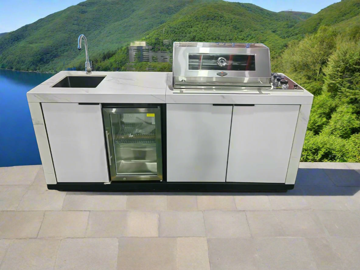 Compact Series Rockpool White 4B BBQ Kitchen Package with Stone Benchtops, Hampton Waterfall Design