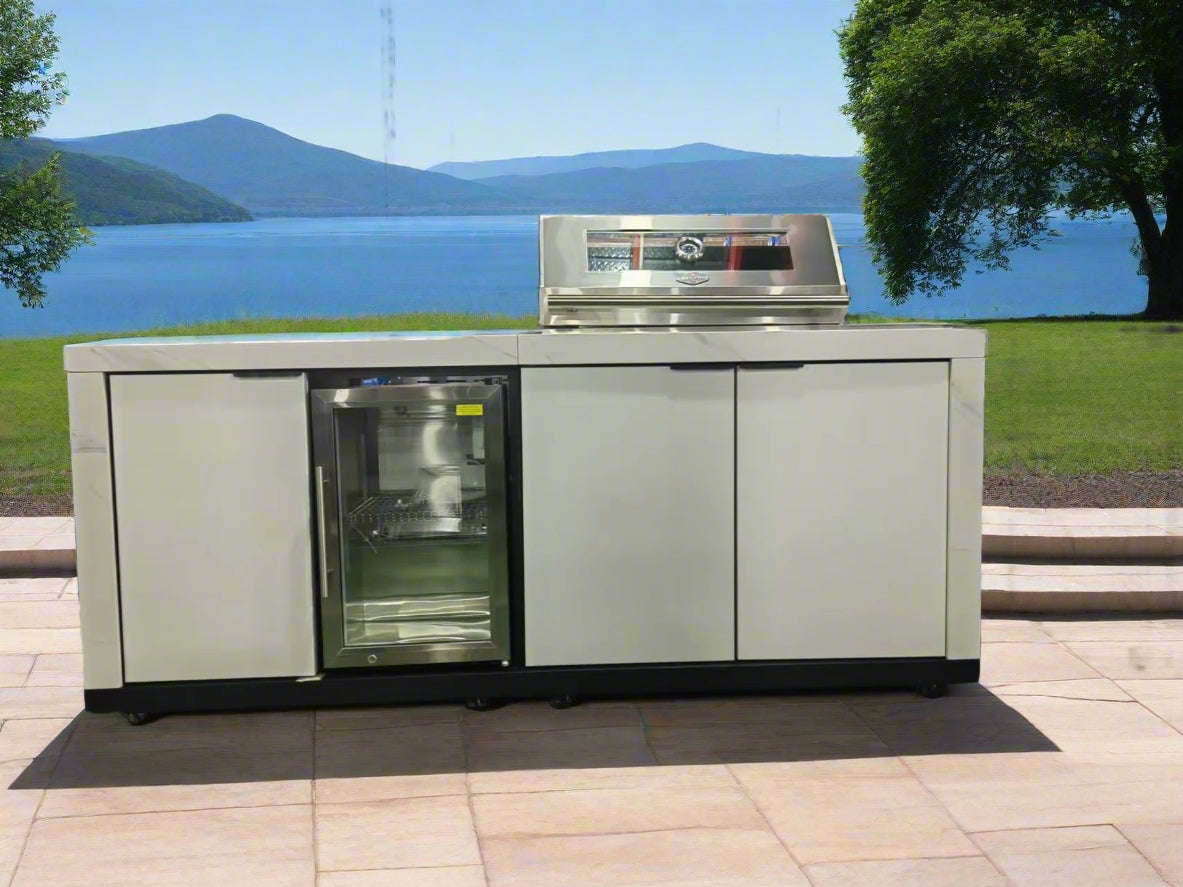 Compact Series Rockpool White 4B BBQ Kitchen Package with Stone Benchtops, Hampton Waterfall Design