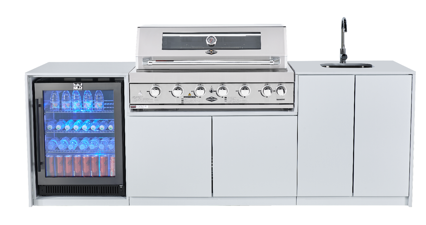 Grill King Signature Series Outdoor BBQ Kitchen Package – Rockpool White Stone Bench-Top, White Aluminium Cabinets | 6-Burner Built-In BBQ + Rotisserie + 150L Outdoor Fridge