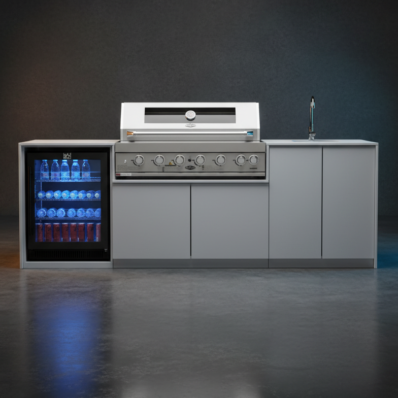 Grill King Signature Series Outdoor BBQ Kitchen Package – Rockpool White Stone Bench-Top, White Aluminium Cabinets | 6-Burner Built-In BBQ + Rotisserie + 150L Outdoor Fridge