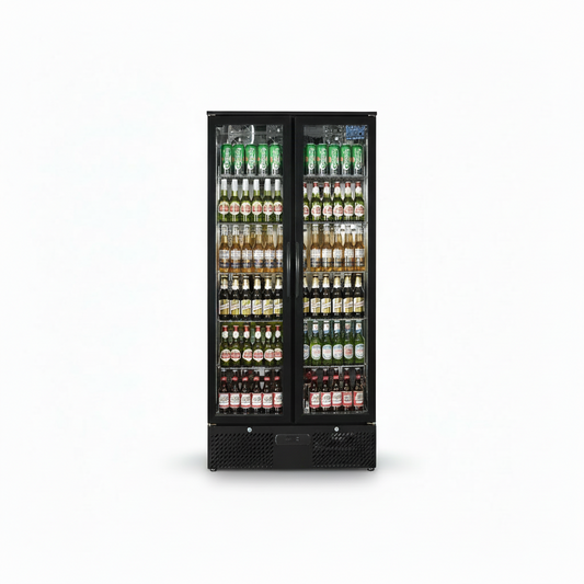 Floor Stock 458L Tropical Rated Triple Glazed Double Door Commercial 458ltr Upright Wine Bar Fridge Black