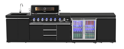 test rey 1 Kingsley 6-Burner Outdoor BBQ Kitchen: Black Stainless Steel, Stone Bench, Fridge, Sink, Height Adjustable