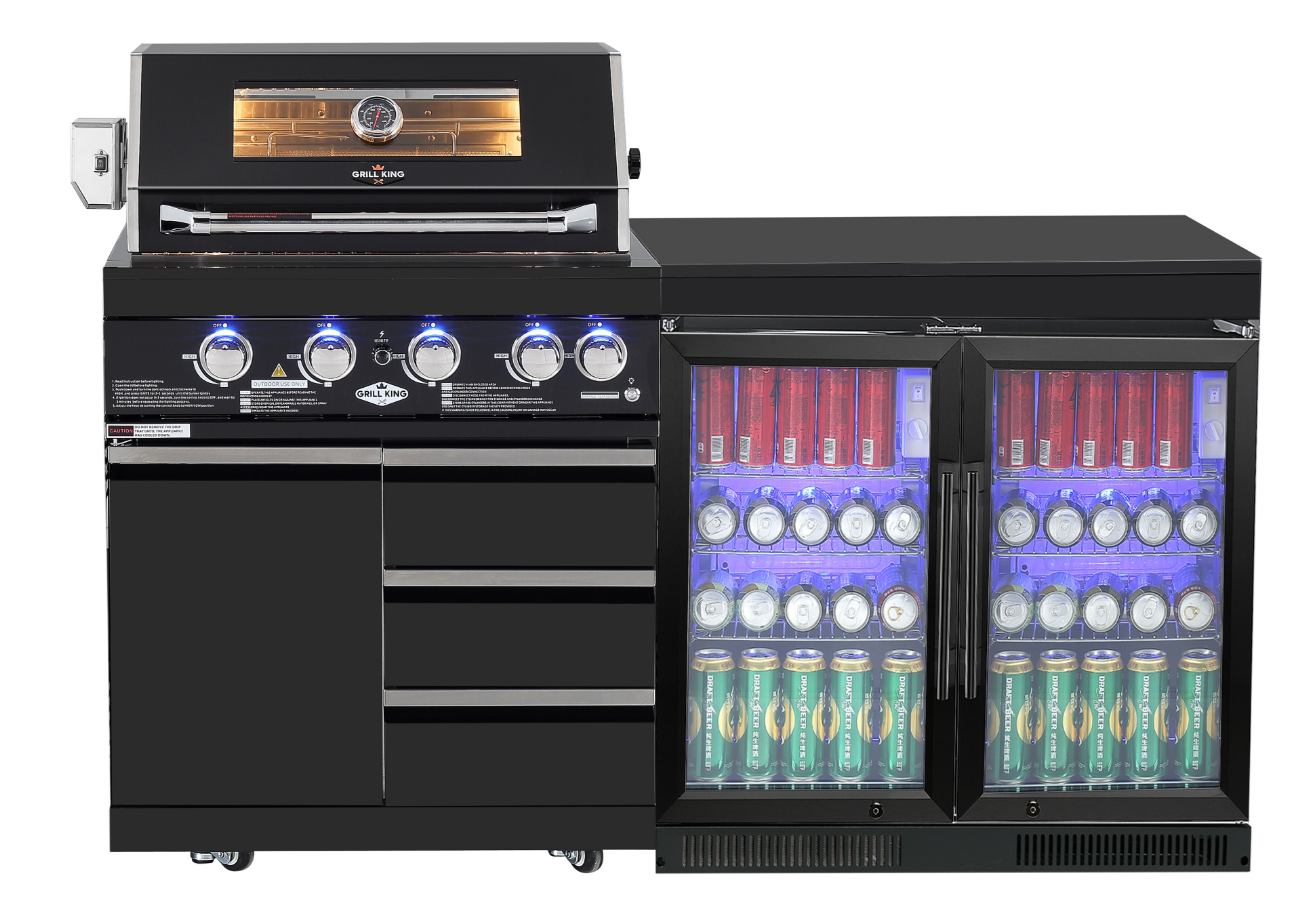 Kingsley 4 Burner Non Wok Black Stainless Steel BBQ Kitchen Package Inc 2x Storage Cupboards