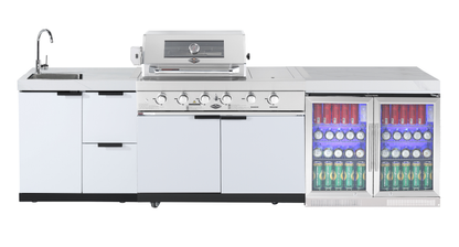 test rey 1 4-Burner + Wok SS Built-In BBQ Outdoor Kitchen with 208L Bar Fridge - Rockpool White