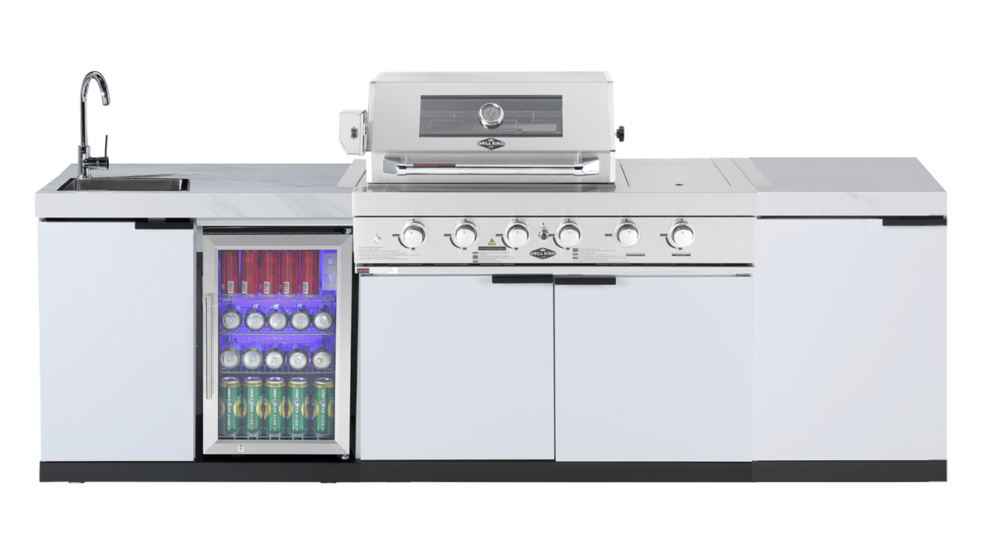 4-Burner + Wok SS Built-In BBQ Outdoor Kitchen with Sink & Fridge Combo + Storage Cabinet - Rockpool White