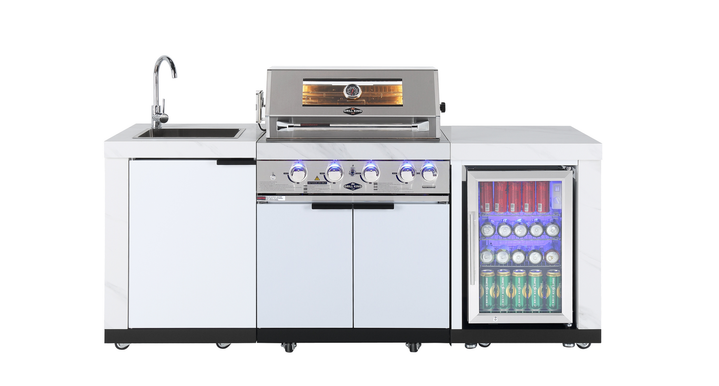Rockpool White 4B: Designer Outdoor BBQ Kitchen Matt White Stone + White Doors, Fridge & Sink
