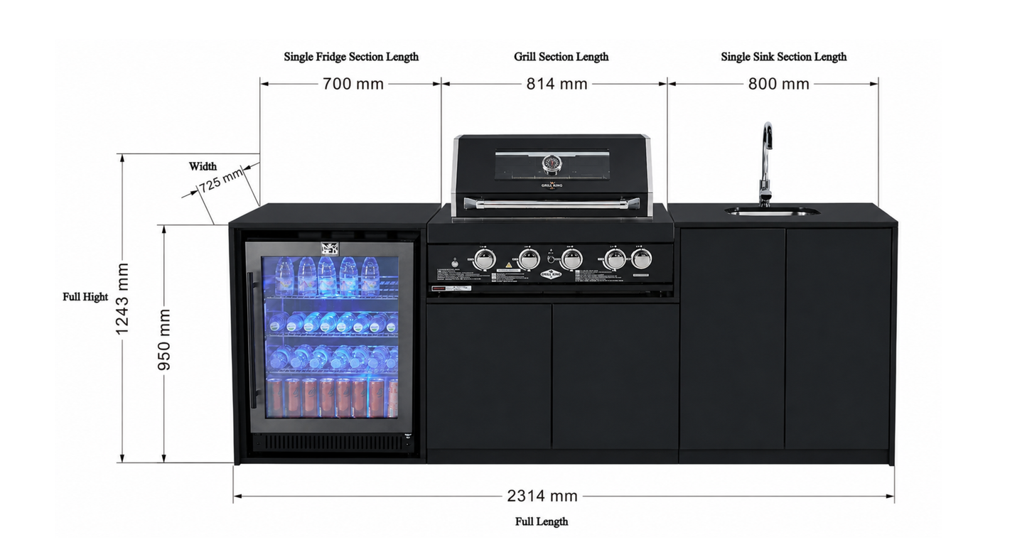 Grill King Signature Series Outdoor BBQ Kitchen Package – Rockpool Black Stone Bench-Top, Black Aluminium Cabinets | 4-Burner Built-In BBQ + Rotisserie + 150L Outdoor Fridge