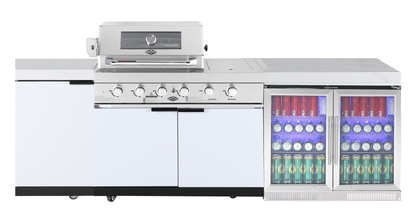 test rey 1 4-Burner + Wok SS Built-In BBQ Outdoor Kitchen with 208L Bar Fridge - Rockpool White