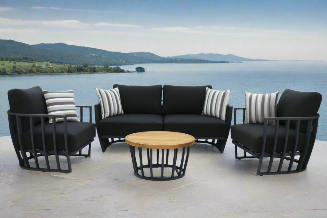 Black Maximus Aluminium Outdoor 4 Piece Lounge Set | Black Aluminium + Cusions