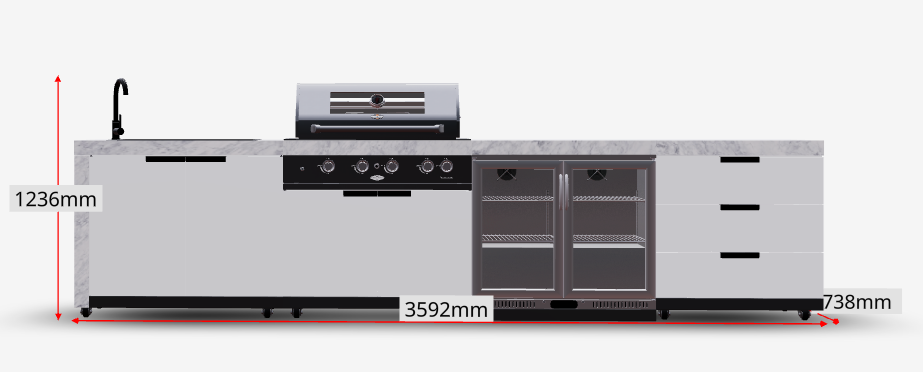 Rockpool White 4B + Wok: Designer Outdoor BBQ Kitchen Package Inc 2DR Fridge, 2DR Sink, 3 Draw Storage, Rear Infrared