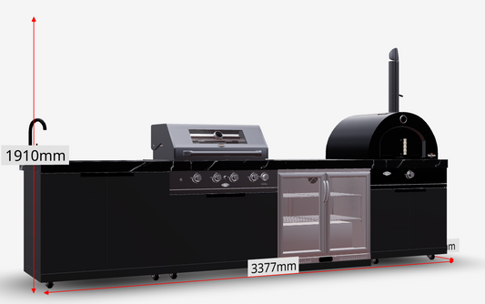 Kingsley 4 Burner Non Wok Black Stainless Steel BBQ Package Inc Pizza Oven, 2DR Fridge, 2DR Sink