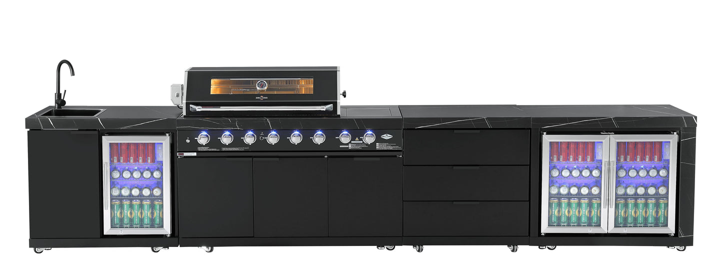Sink & Fridge Combo Module Suits Rockpool Black BBQ Kitchen Package Inc Stone Finishes, Aluminum Powder coated Cabinets, Tap, Waste, Hose, Castor Wheels