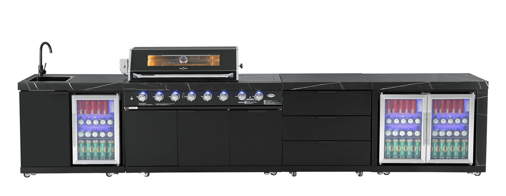 Sink & Fridge Combo Module Suits Rockpool Black BBQ Kitchen Package Inc Stone Finishes, Aluminum Powder coated Cabinets, Tap, Waste, Hose, Castor Wheels