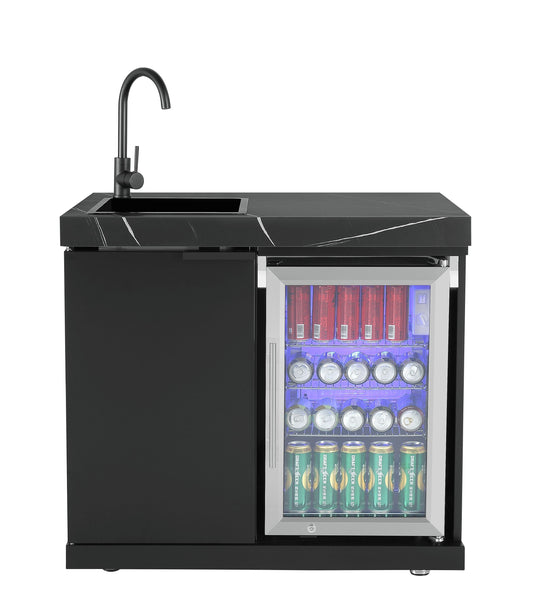 Sink & Fridge Combo Module Suits Rockpool Black BBQ Kitchen Package Inc Stone Finishes, Aluminum Powder coated Cabinets, Tap, Waste, Hose, Castor Wheels