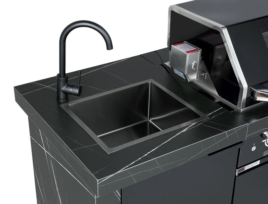 Rockpool 4B: Designer Black Outdoor BBQ Kitchen Package inc 2 Door 208L Fridge + Sink/Drawer Module