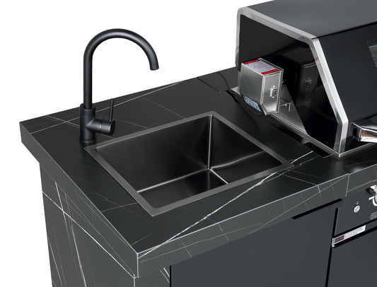 2.4M Rockpool 4B: Designer Black Outdoor BBQ Kitchen Package inc Fridge, Sink Rear Infrared