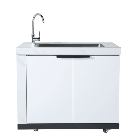 2DR RHS Waterfall Edge Sink Module Suits Rockpool White BBQ Kitchen Package Inc Stone Finishes, Aluminum Powder coated Cabinets, Tap, Waste, Hose, Castor Wheels RHS Waterfall Edge