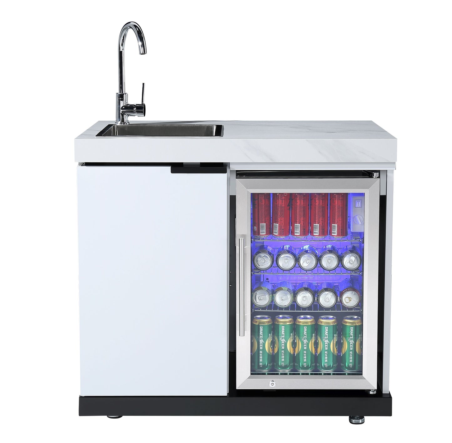 4-Burner + Wok SS Built-In BBQ Outdoor Kitchen with Sink & Fridge Combo + Storage Cabinet - Rockpool White