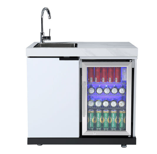 4-Burner + Wok SS Built-In BBQ Outdoor Kitchen with Sink & Fridge Combo + Storage Cabinet - Rockpool White