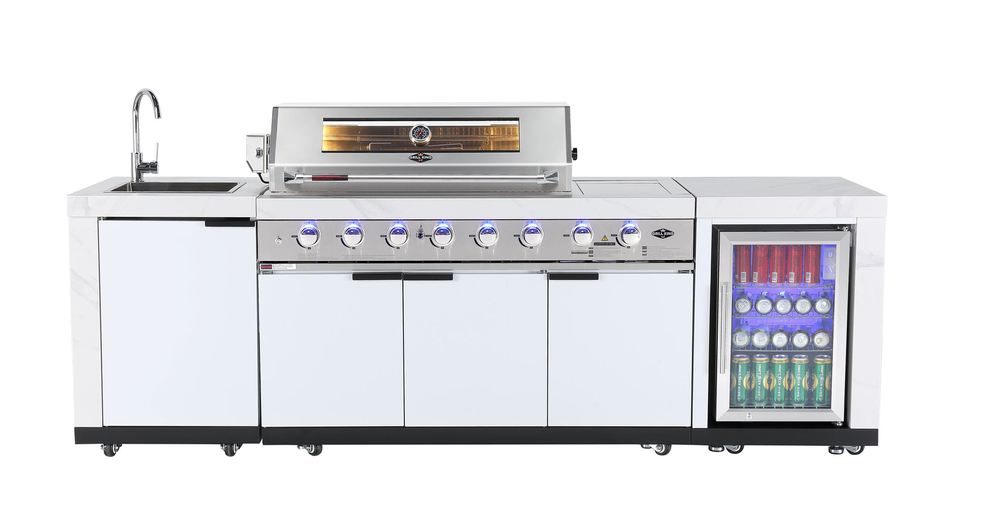 Rockpool White 6B + 188L Kegerator : Designer Outdoor Kitchen BBQ Package Inc Wok Burner, Fridge, Sink