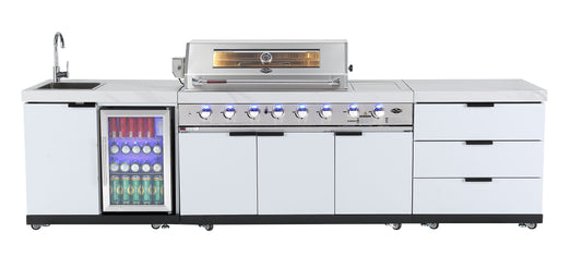 Sink & Fridge Module Combo Suits Rockpool White BBQ Kitchen Package Inc Stone Finishes, Aluminum Powder coated Cabinets, Tap, Waste, Hose, Castor Wheels