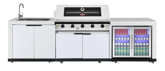 Rockpool White BBQ Kitchen Package Suit Beefeater 5 Burner 1200, Fridge And Sink Outdoor BBQ Kitchen Package