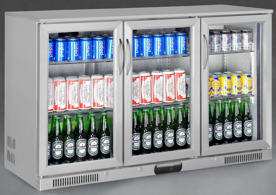 Tropical Rated Triple Glazed 3-Door Commercial Glass Bar Fridge Beer Cooler Under Counter Wine Fridge 318L