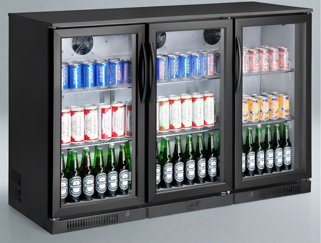 Tropical Rated Triple Glazed 318L 3-Door Commercial Wine Bar Fridge Chiller Can Cooler Mini Freezer in Black