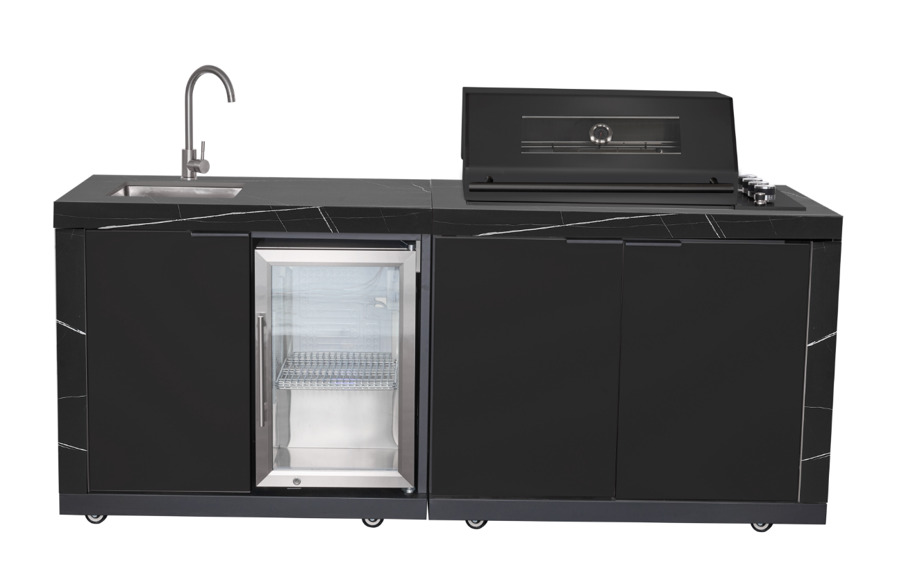 Grill Kings Rockpool Compact 2.1m Outdoor BBQ Kitchen – 4-Burner Grill, Sintered Stone Benchtop, Sink & Fridge