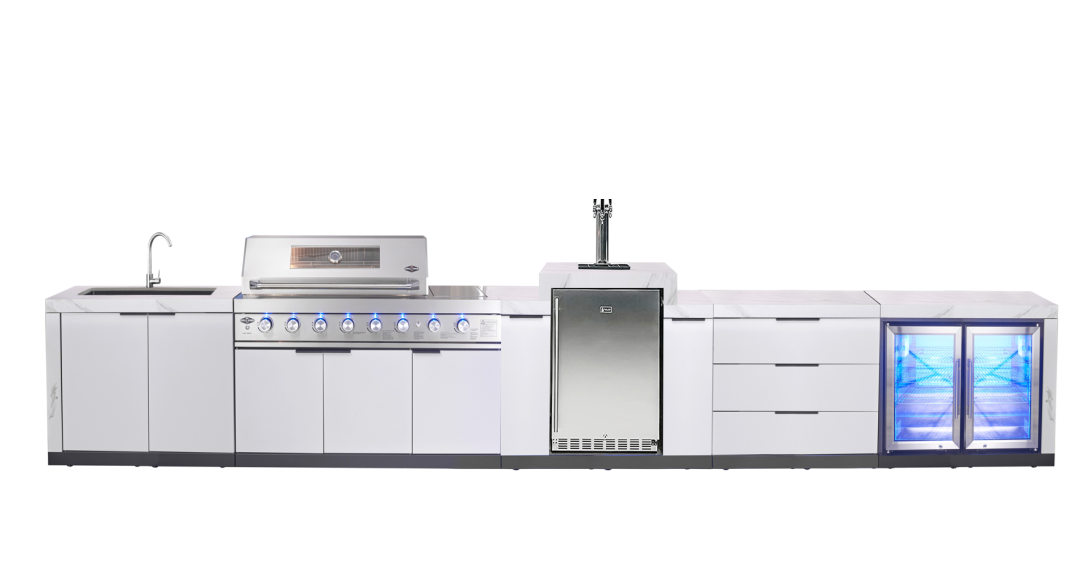 Rockpool White 6B + 188L Kegerator : Designer Outdoor Kitchen BBQ Package Inc Wok Burner, Fridge, Sink