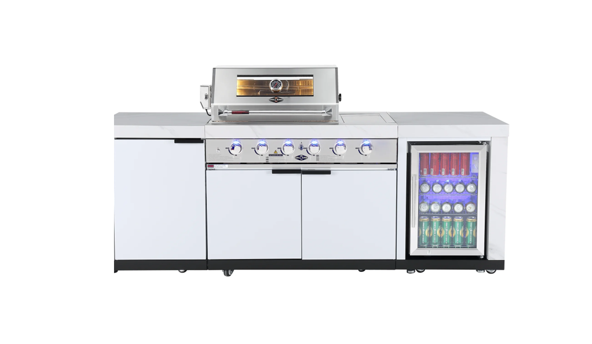 Rockpool White 4B + Wok: Designer Outdoor BBQ Kitchen Package Inc 2DR Fridge, 2DR Sink, 3 Draw Storage, Rear Infrared