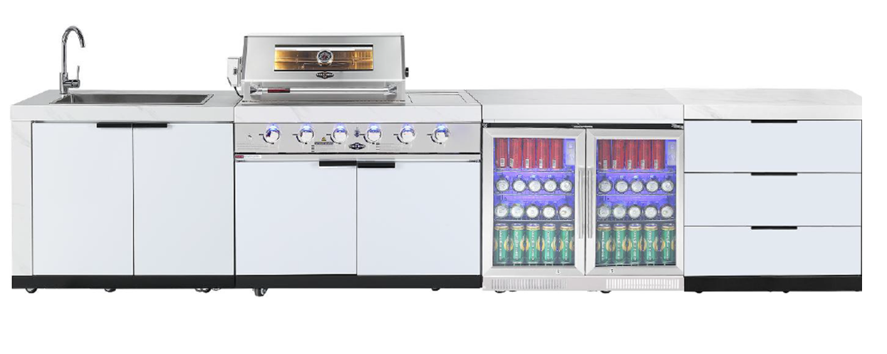 Rockpool White 4B + Wok: Designer Outdoor BBQ Kitchen Package Inc 2DR Fridge, 2DR Sink, 3 Draw Storage, Rear Infrared
