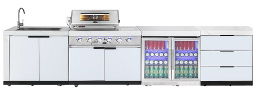 Rockpool White 4B + Wok: Designer Outdoor BBQ Kitchen Package Inc 2DR Fridge, 2DR Sink, 3 Draw Storage, Rear Infrared