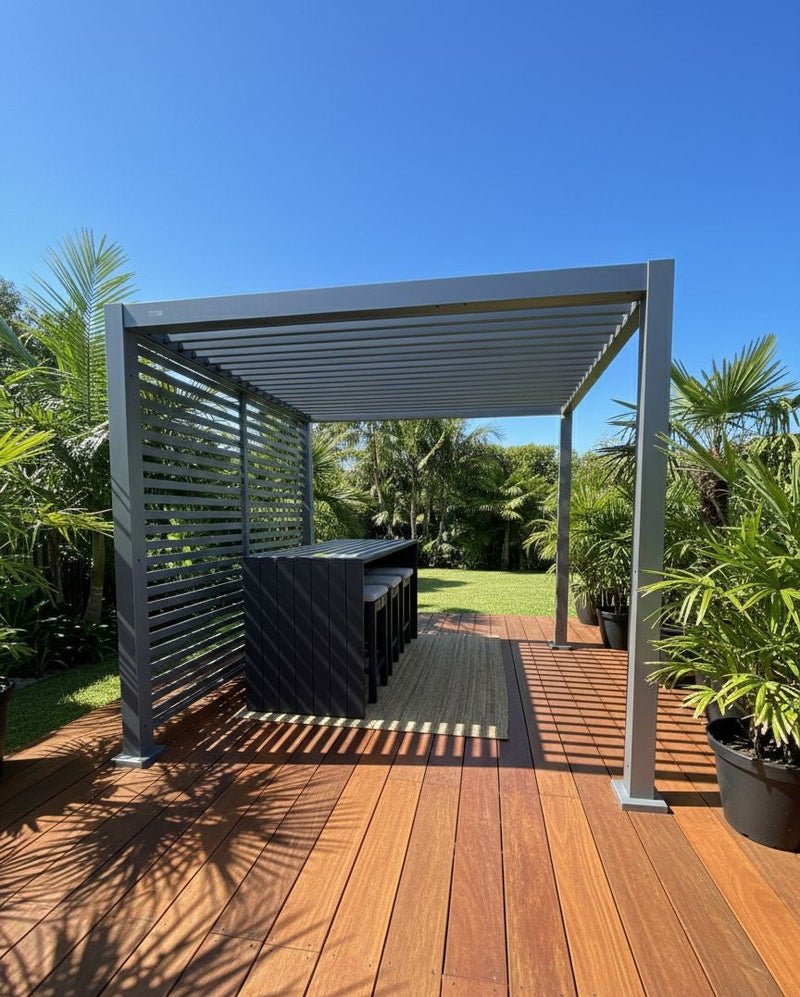 Grey Louvered Pergola 2.4m x 2.4m | Includes Aluminium Privacy Slat Panel | Floor Model