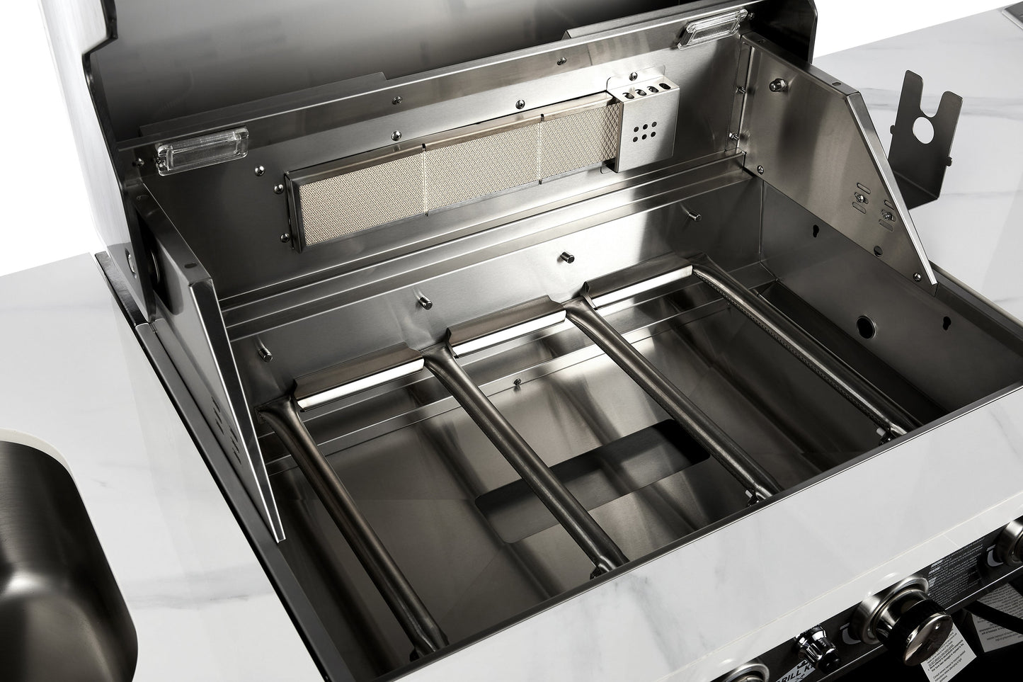 Element Twin Hood 8 Burner Outdoor BBQ Kitchen: High Grade 304 SS + White Stone + 1 Door Sink + 1 Door Storage